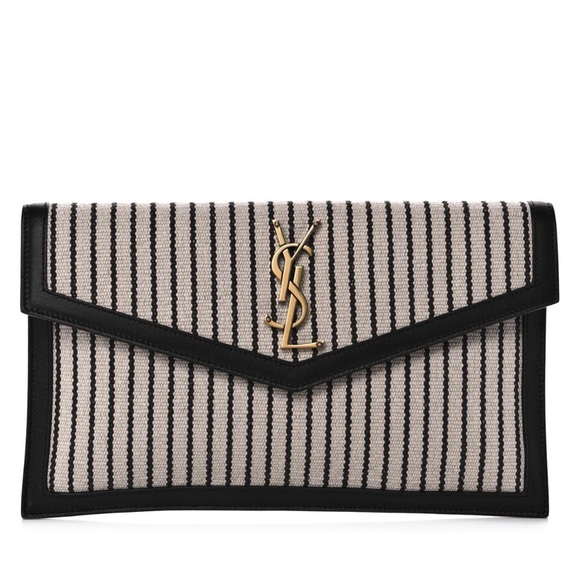 Yves Saint Laurent Handbags - Yves Saint Laurent Uptown Canvas Striped Clutch Cream Black YSL Gold Hardware
